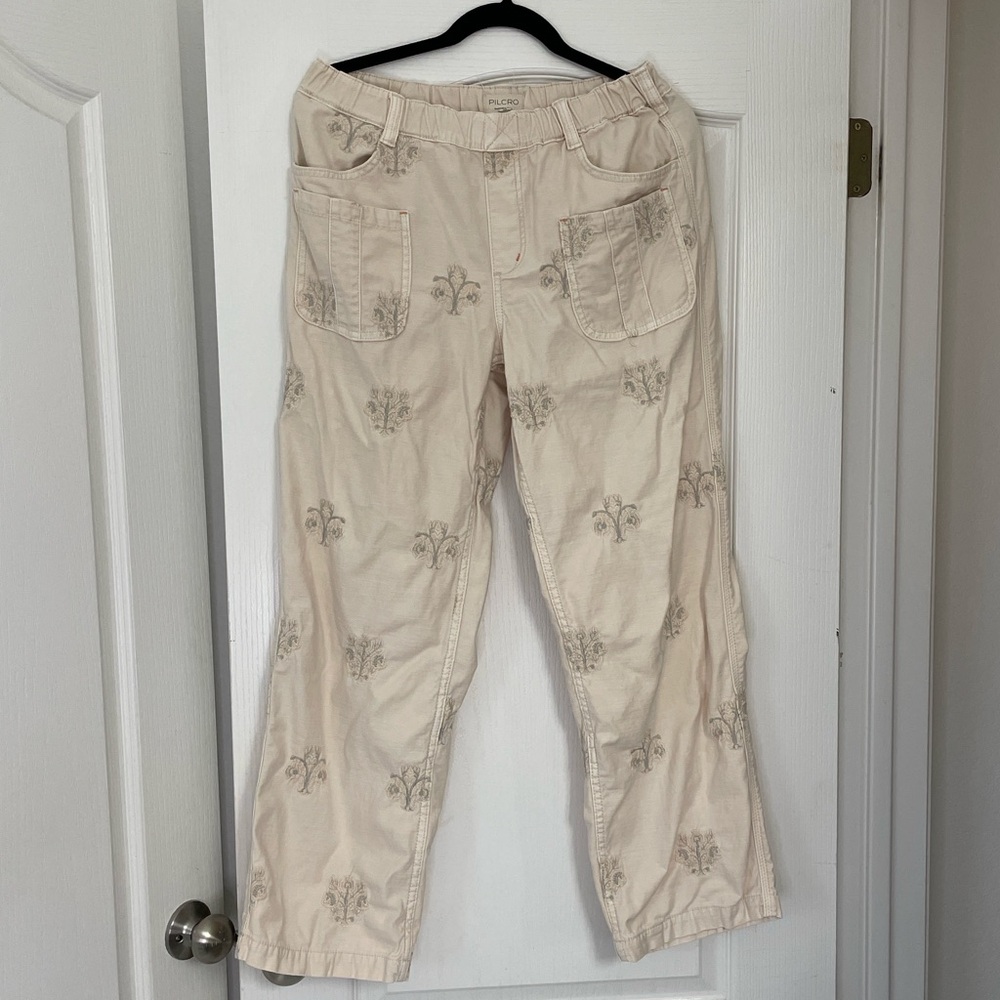 Pilcro Anthropologie ivory pull on pants floral S wide leg high waist jeans - Picture 8 of 11